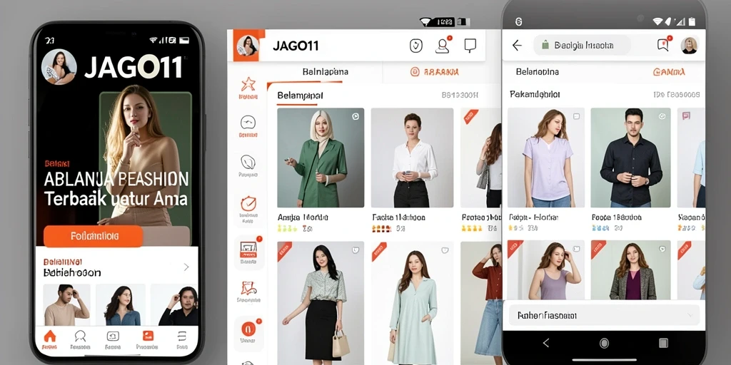 Antarmuka pengguna aplikasi JAGO11 dengan berbagai pilihan fashion.